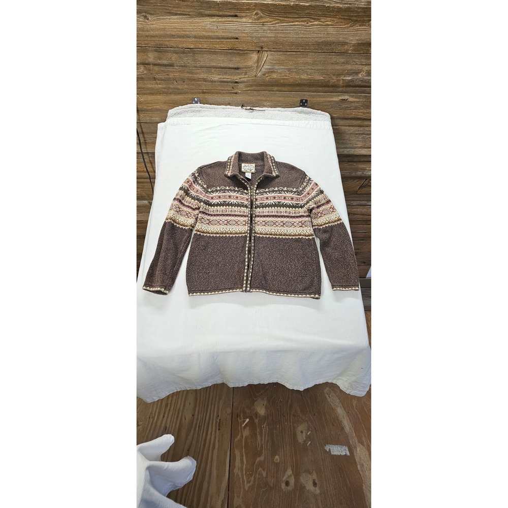 Heirloom Collectibles Brown Fair Isle Full Zip Cardigan Sweater Womens Small